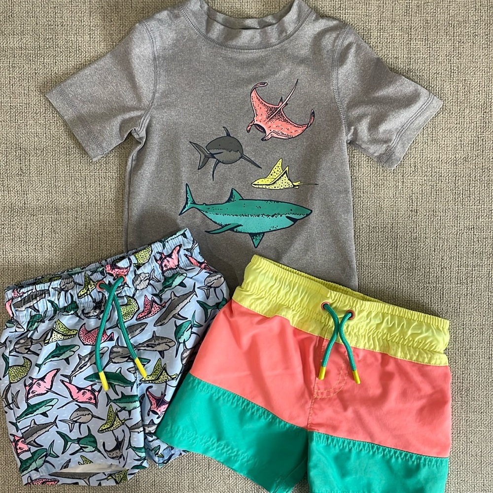 Cat & Jack Boy’s swim trunks and rash guard bundle, sharks/ocean theme, 18 month